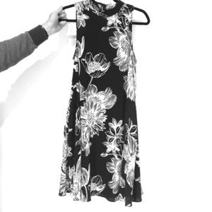 High neck swing dress - black and white flowers